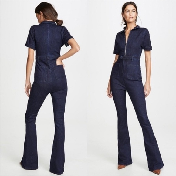 We Wore What Dark Wash Flare Denim Jumpsuit 70’s Boho Zip Up Collared XS - Picture 2 of 15